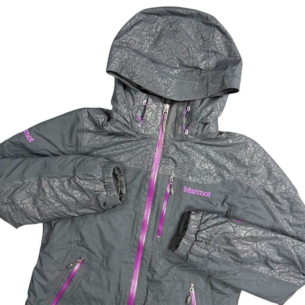 Marmot Women’s Medium Black Purple Floral Hooded Winter Ski Jacket